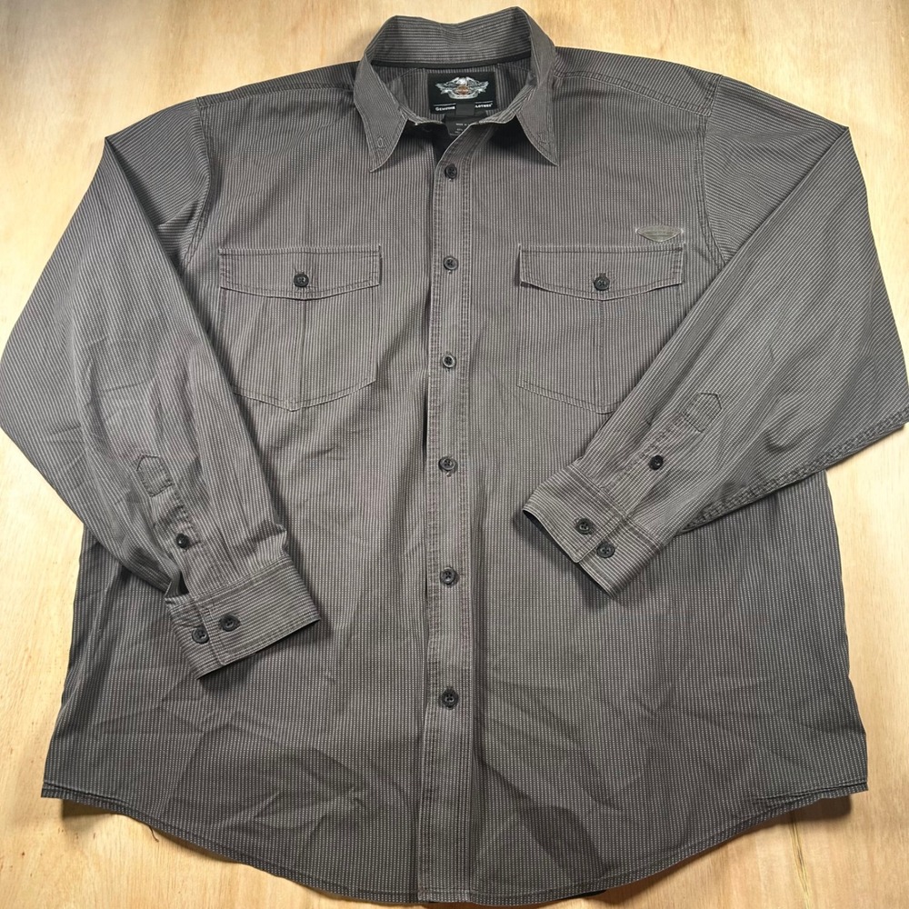 Harley-Davidson Mens XL Charcoal Gray Striped Long Sleeve Button Up Work Shirt